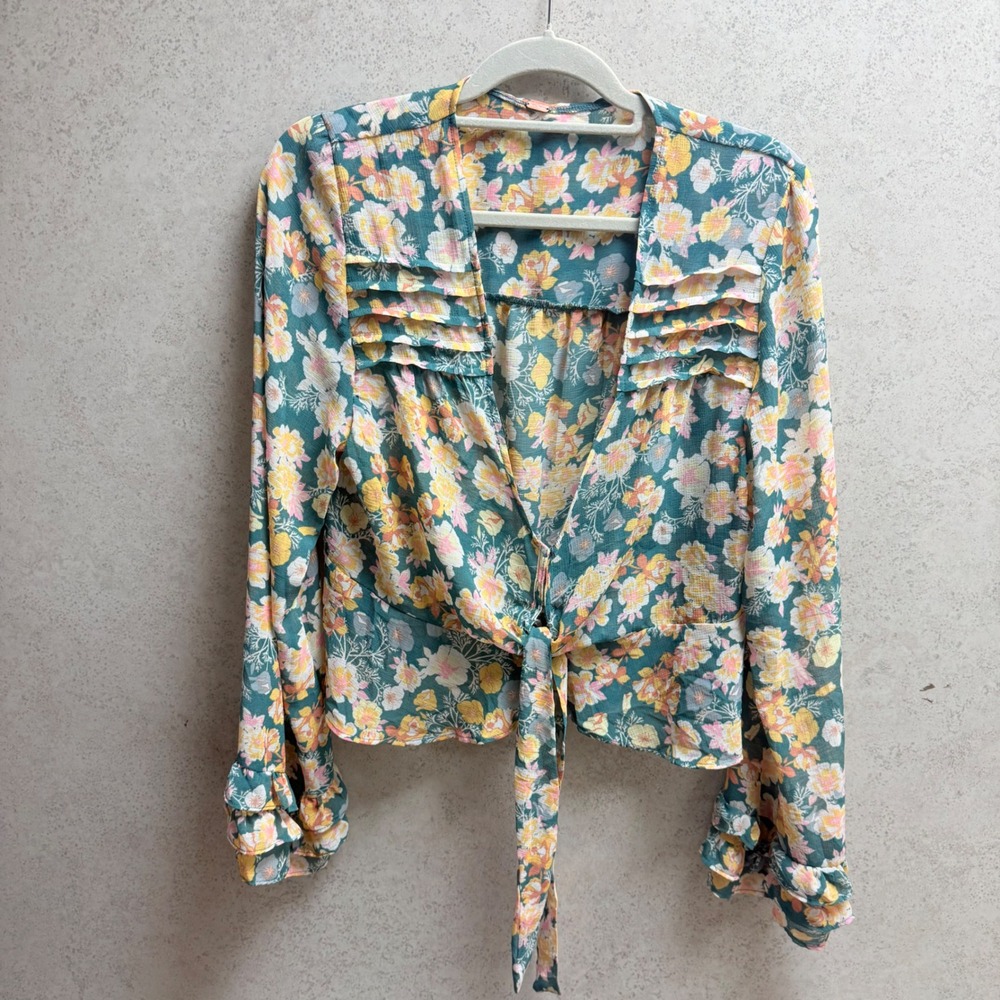 Free People Womens Teal Floral Ruffle Tie Front Cottagecore Boho Feminine Blouse - Picture 8 of 8